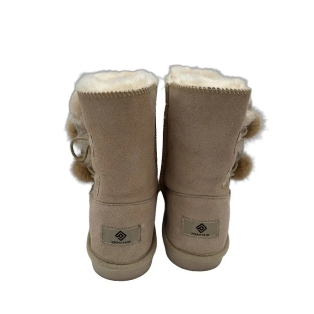 Dream Pairs Mid Calf Boots Youth Size 4 Fur Pom Pom Tan Suede Toggle Shearling